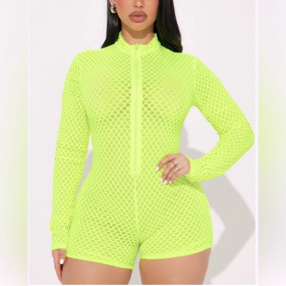 Uptown Mesh Long Sleeve Neon Yellow Zip Front Romper Jumpsuit